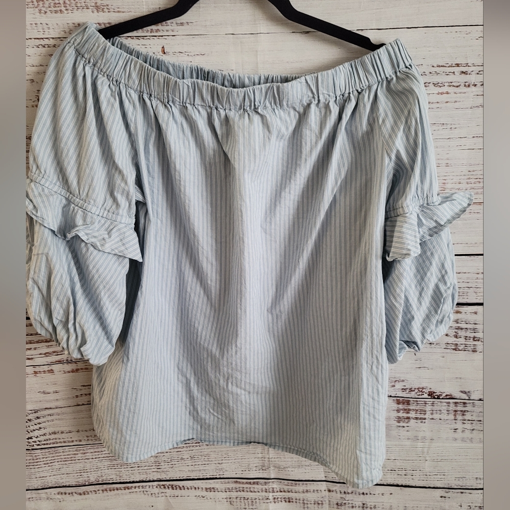 Michael Michael Kors L Off-The-Shoulder Striped Balloon-Sleeve Blouse White/Blue - Picture 3 of 6